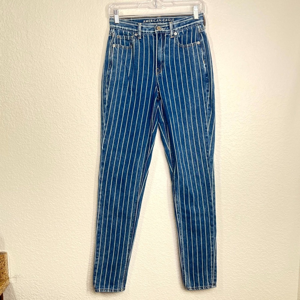 American Eagle Outfitters Mom Jeans Womens 0 Blue White Pinstripe Denim Cotton